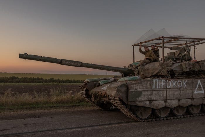 Ukrainian servicemen operate a tank on a road near the border with Russia.                                                           The Ukrainian army entered Russia's Kursk region on August 6, capturing dozens of settlements in the biggest offensive by a foreign army on Russian soil since World War II.